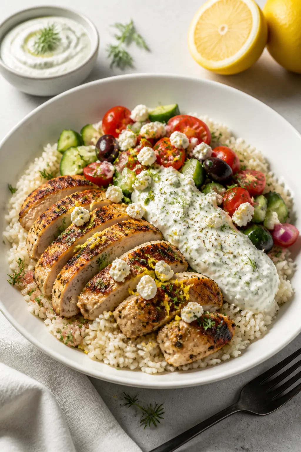 Final plated hero dish: Beautifully plated Easy Greek Chicken Rice Bowl in a wide, shallow white bow