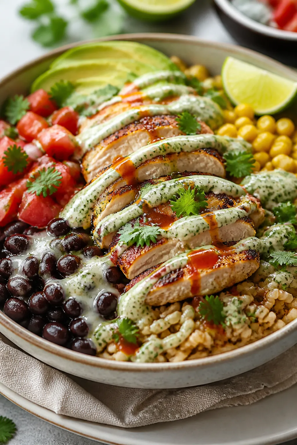Final plated hero – Finished Protein Packed Chicken Burrito Bowl: Three-quarter close-up of a full