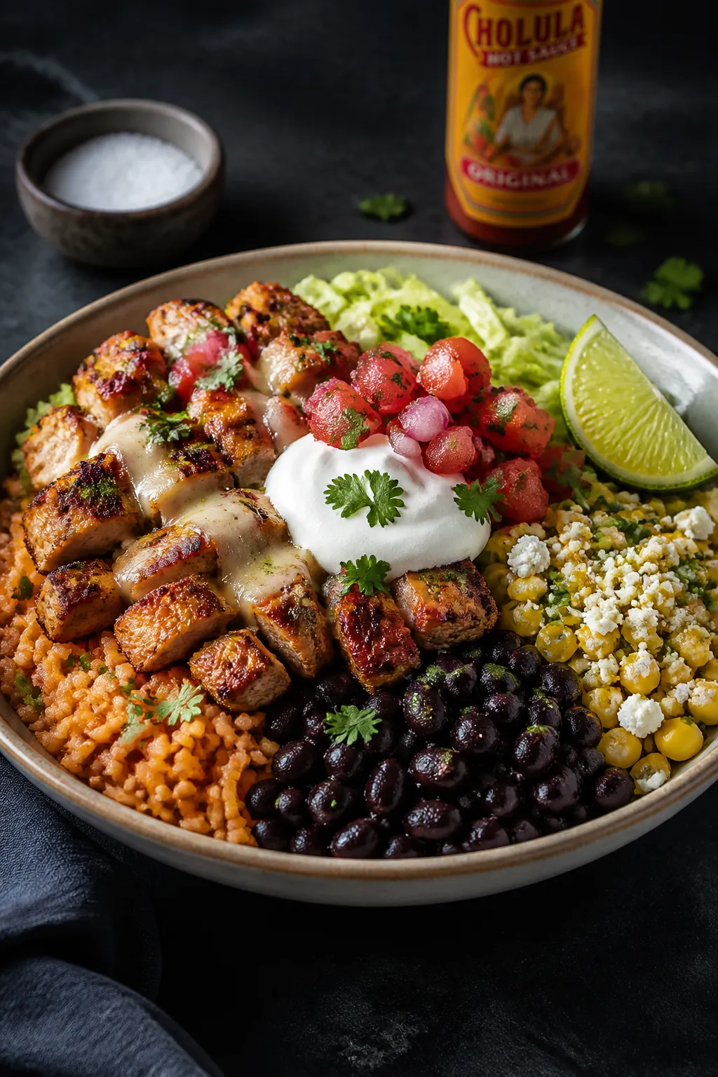 Final plated hero, restaurant-quality: Beautifully plated Chicken Burrito Bowl fully assembled with
