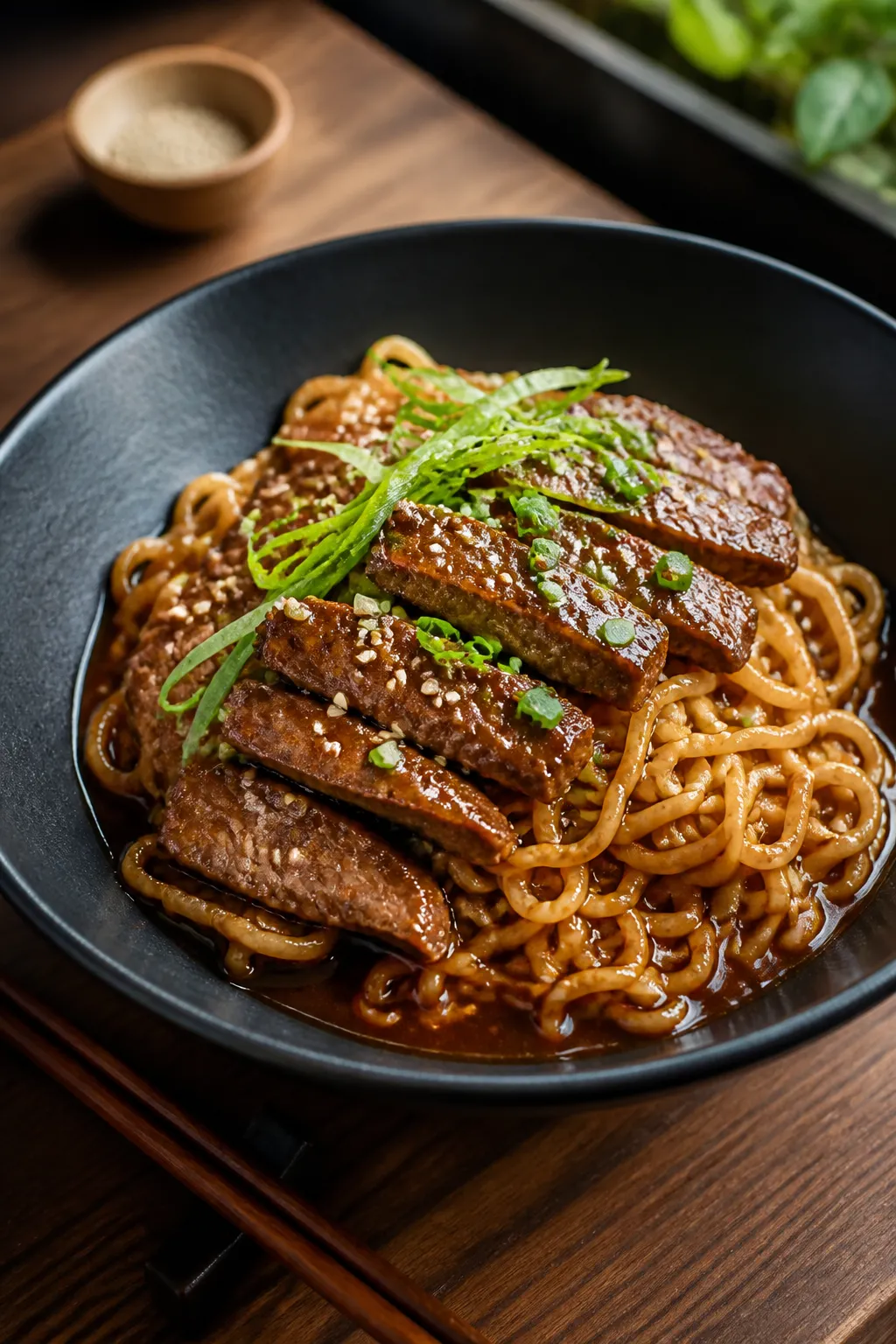 Final plated hero: Restaurant-quality presentation of Mongolian Beef Ramen twirled into a neat nest,