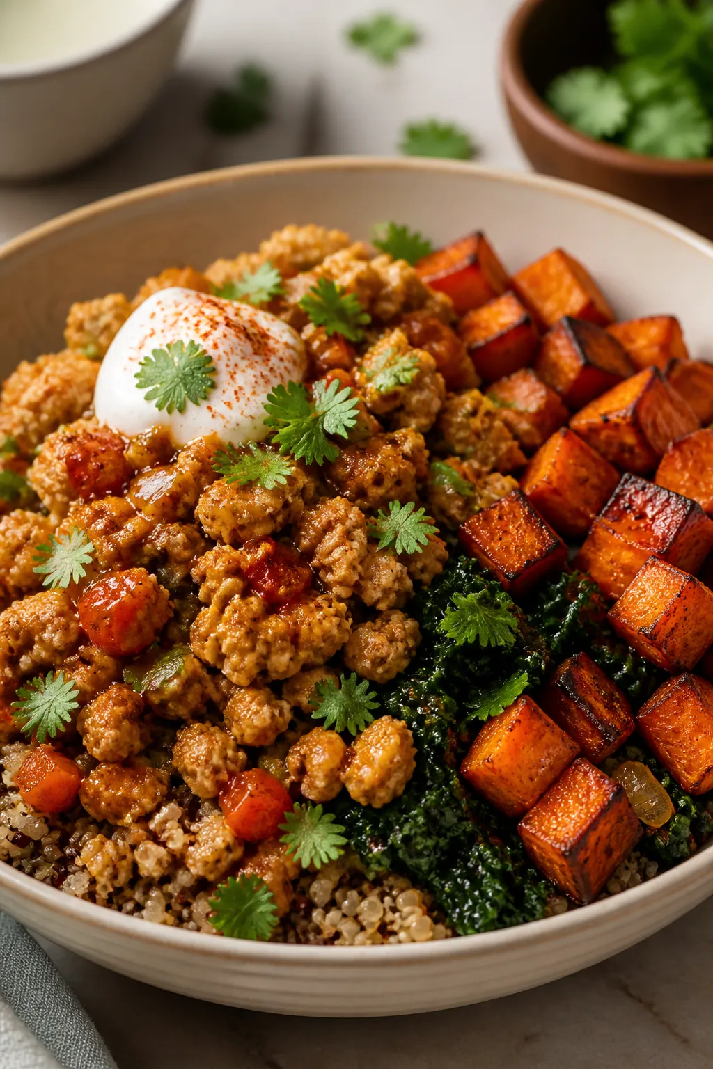 Final plated hero: Restaurant-quality presentation of the Ground Chicken Sweet Potato Bowl in a wide