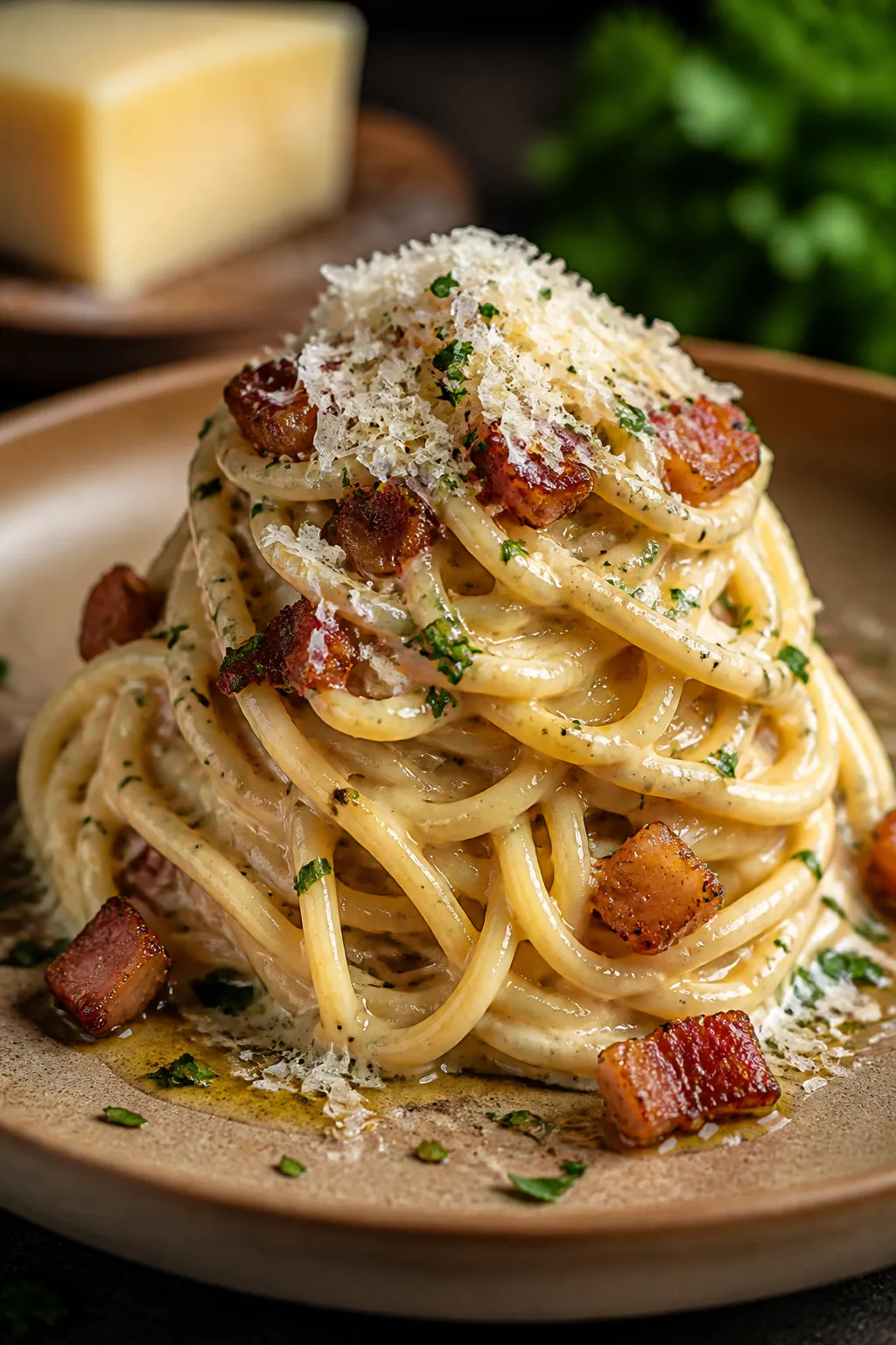 Final plated hero: Restaurant-quality presentation of ramen carbonara twirled into a tall nest on a 