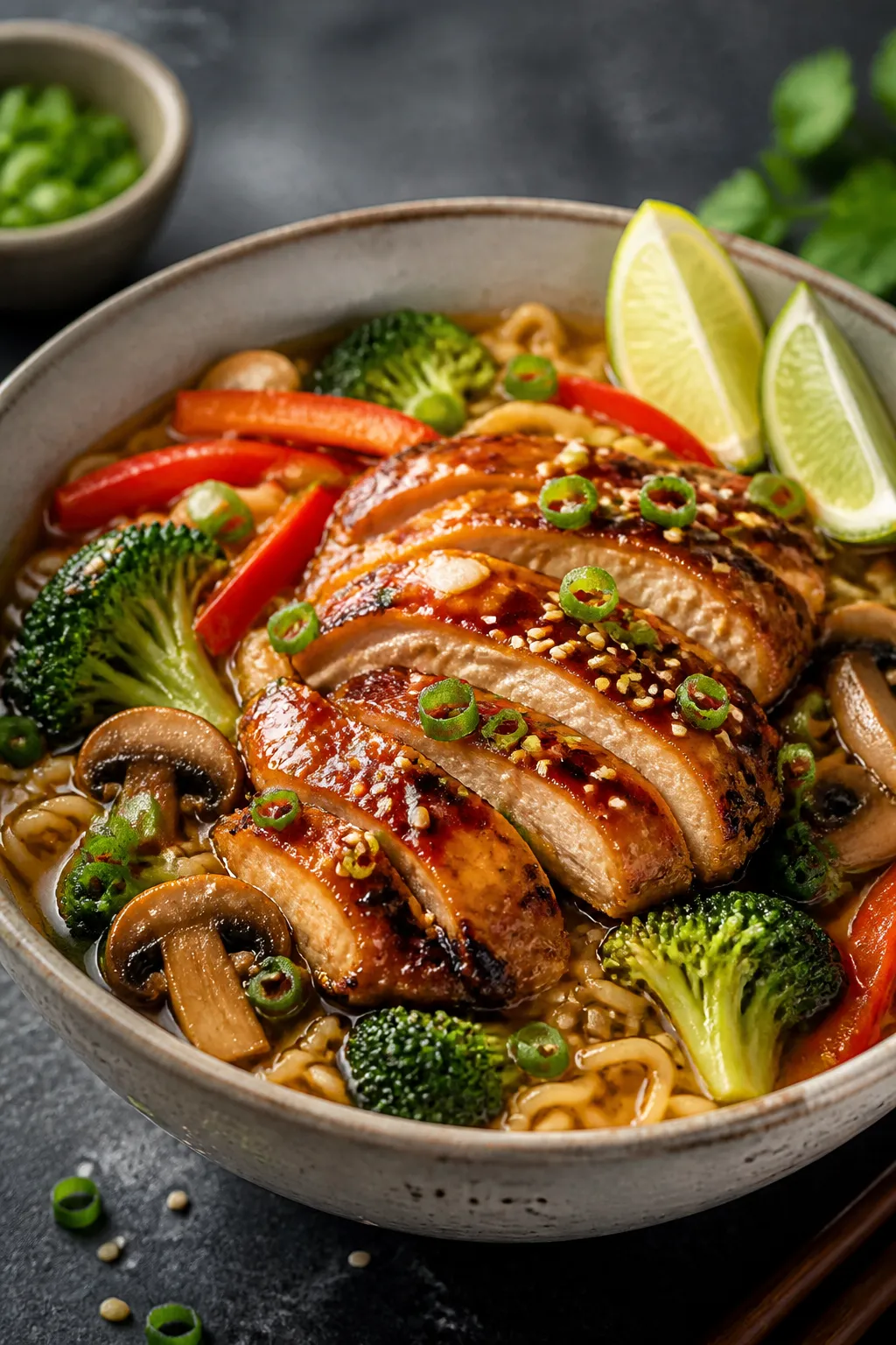 Final plated hero shot: Beautifully plated bowl of teriyaki chicken ramen, noodles glistening and co