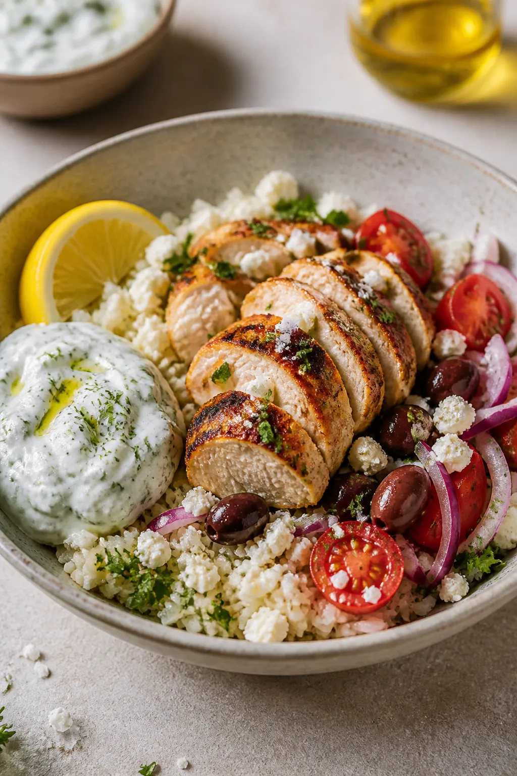 Final plated hero shot: Beautifully plated Greek Chicken and Tzatziki Rice Bowl in a wide shallow st