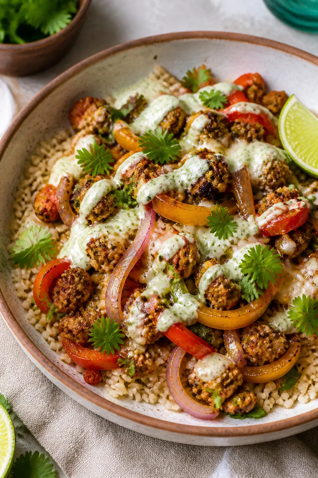Final plated hero shot: Beautifully plated Ground Chicken Fajita Bowl in a wide, shallow ceramic bow