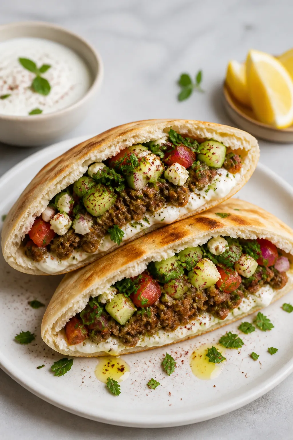 Final plated hero shot: Mediterranean Ground Beef Pita Pocket cut in half and propped open on a matt
