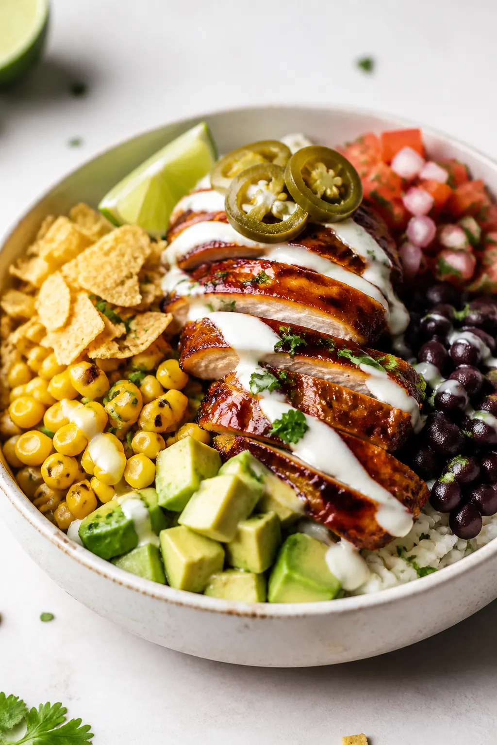 Final plated hero shot: Restaurant-quality plated BBQ Ranch Chicken Bowl, chicken slices stacked hig