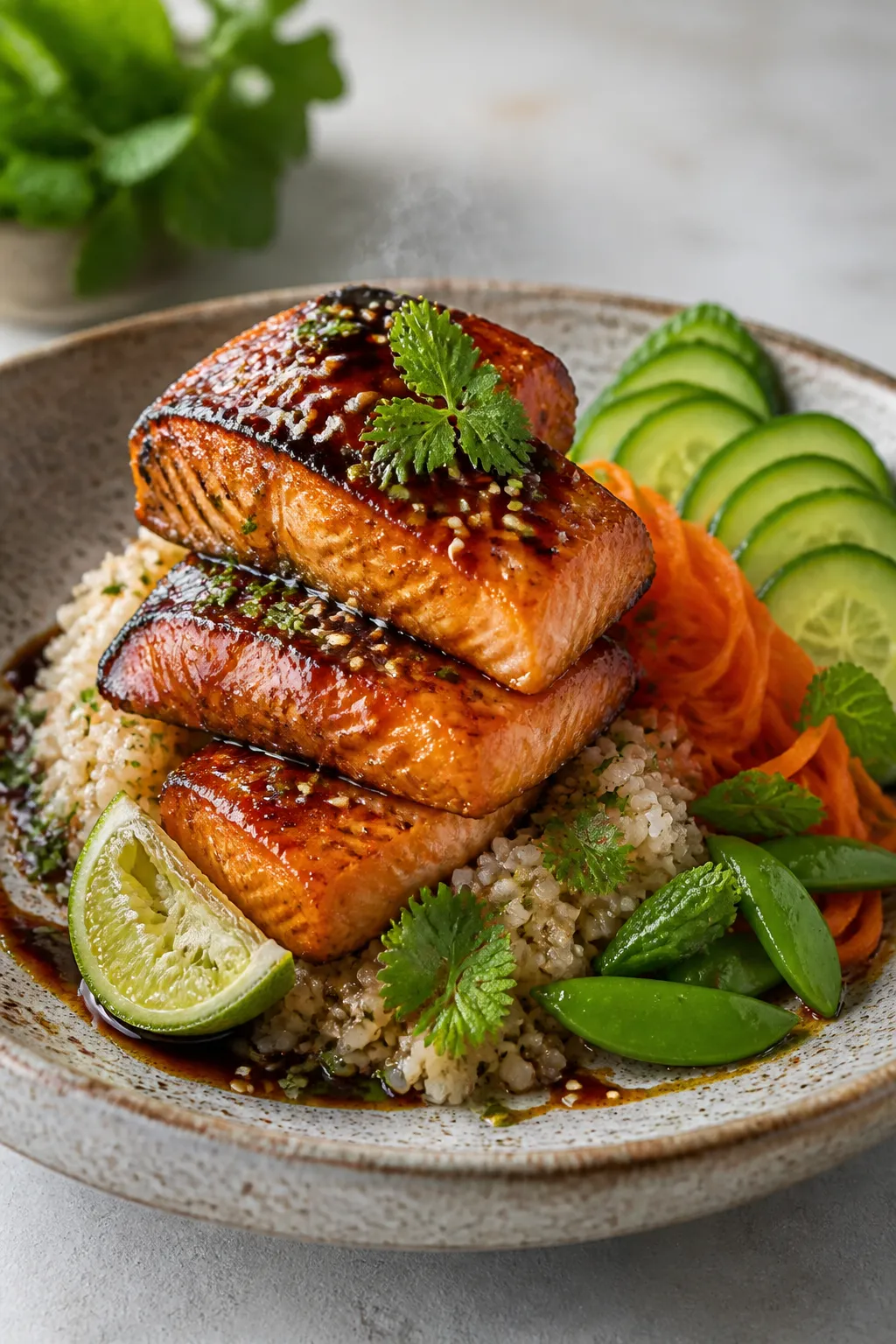 Final plated hero shot: Restaurant-quality presentation of the salmon rice bowl on a stoneware plate