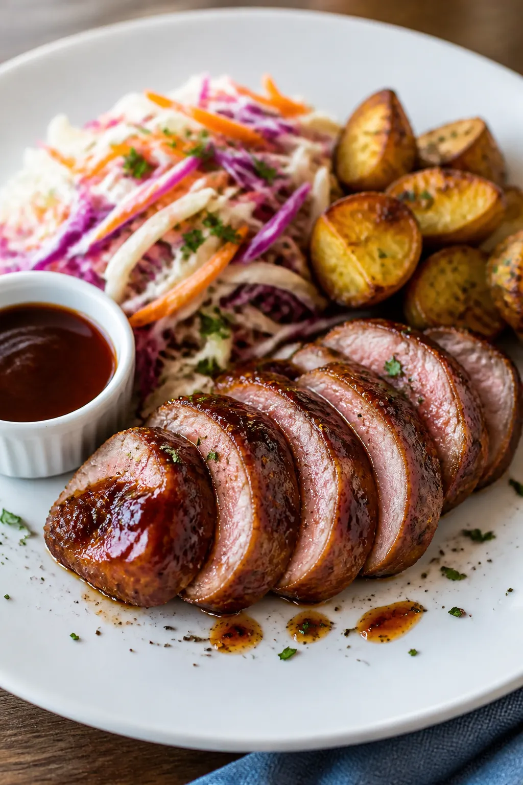 Final plated medallions, : Sliced BBQ pork tenderloin medallions (1/2-inch thick) fanned across a ma