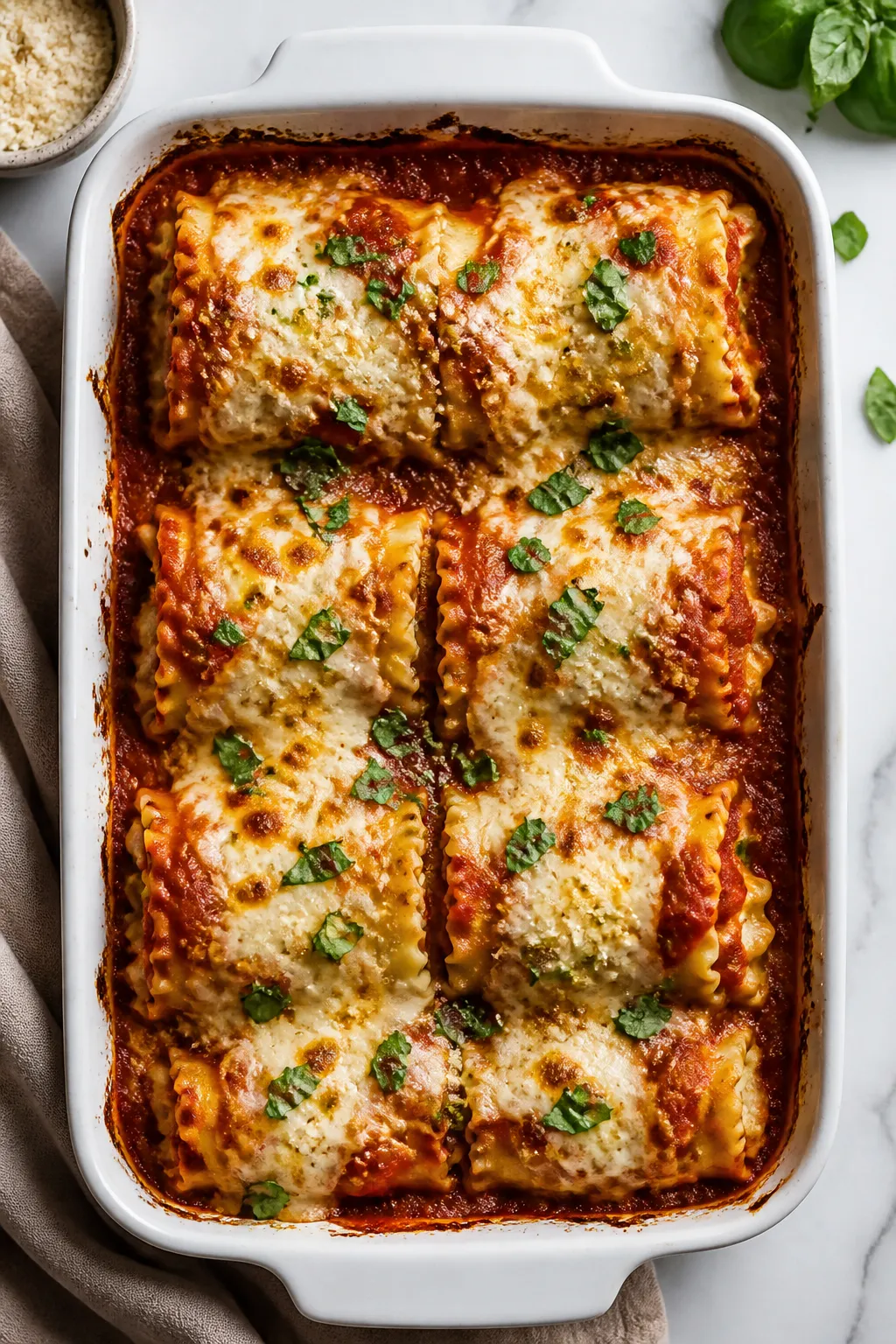 Final plated overhead: Baked ground chicken lasagna roll-ups nestled in a 9x13 dish, generously spoo