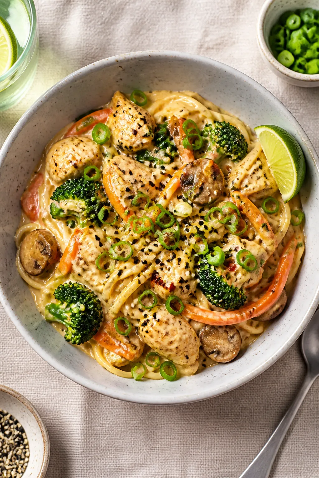Final plated, overhead beauty: Overhead shot of a finished bowl of Creamy Chicken Ramen Skillet, twi