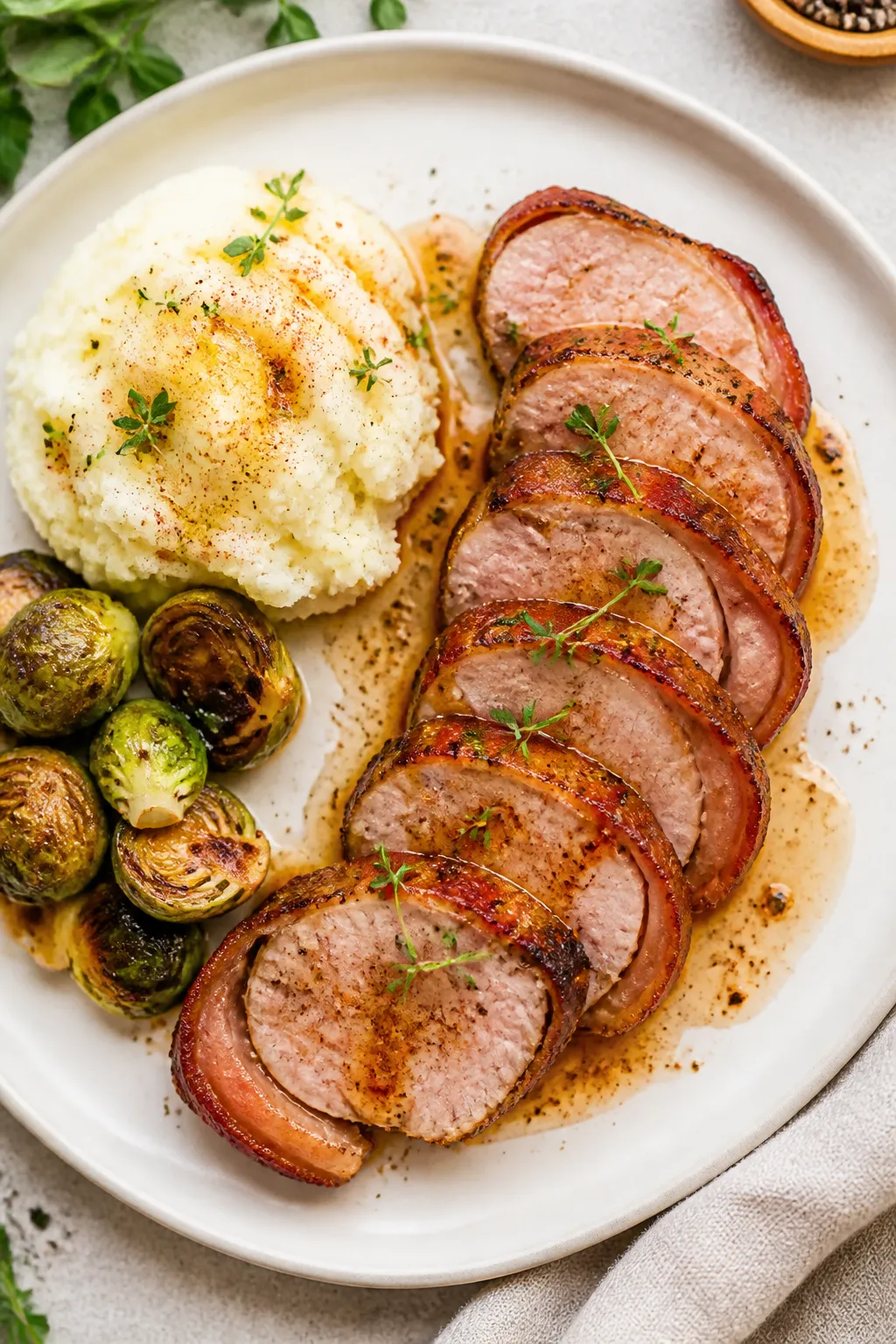 Final plated overhead shot: Sliced pork tenderloin medallions (1/2–3/4 inch) fanned on a matte whi