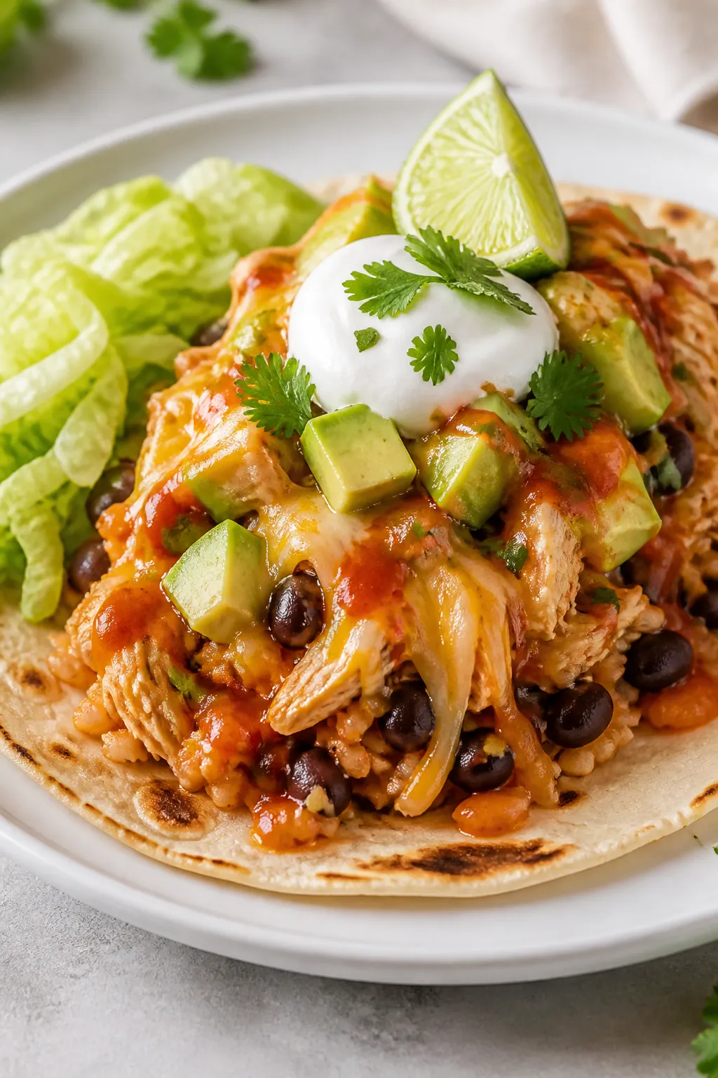 Final plated presentation: A warm flour tortilla filled with the Lazy Chicken Burrito Skillet, plate