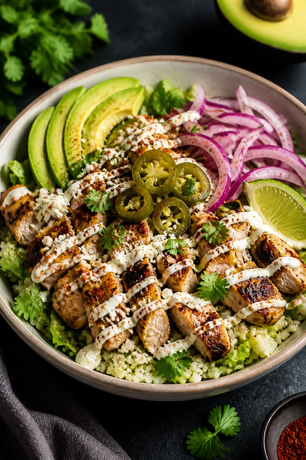 Final plated presentation: Low-carb variation bowl on shredded romaine and cauliflower rice, heaped 