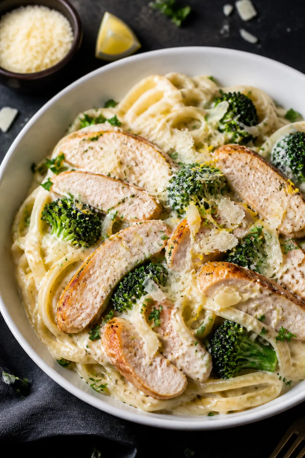 Final plated presentation: Restaurant-quality bowl of Chicken and Broccoli Alfredo—creamy sauce cl