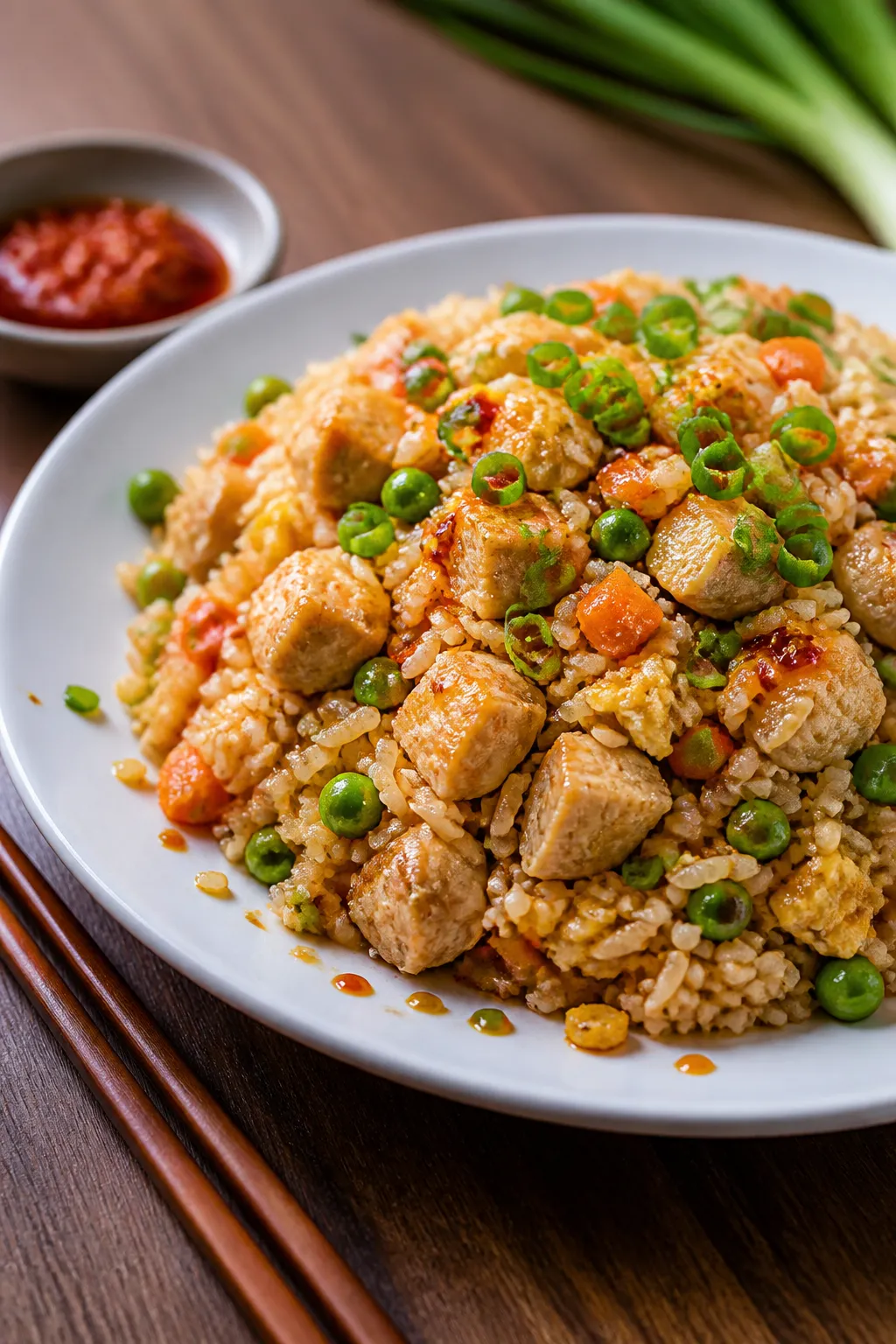 Final plated presentation: Restaurant-quality plate of chicken fried rice mounded neatly, a few grai