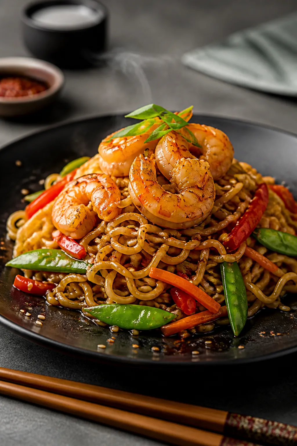 Final plated, restaurant-quality: Beautifully plated shrimp ramen stir fry on a matte black plate, e