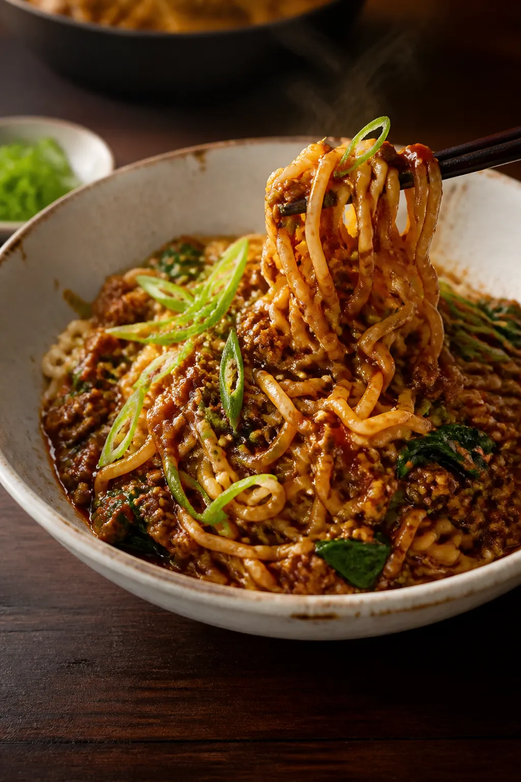 Final plated, restaurant-quality presentation: Beautifully plated Korean Ground Beef Ramen in a wide