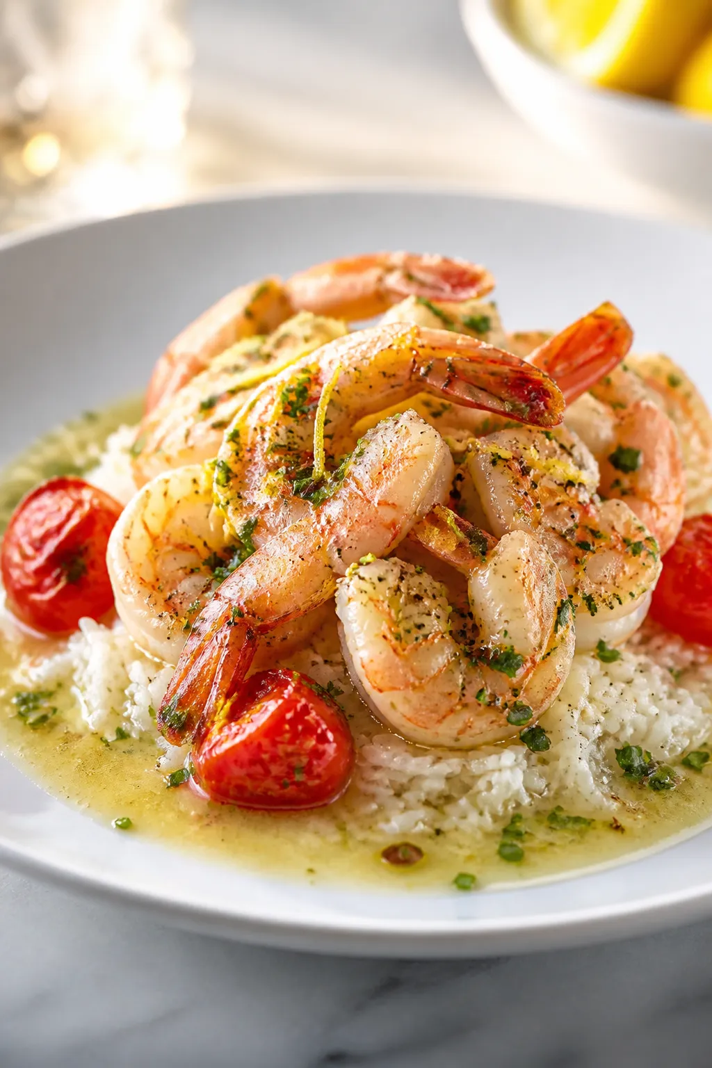 Final plated restaurant-style presentation: Elegant white plate with a neat bed of basmati rice, shr