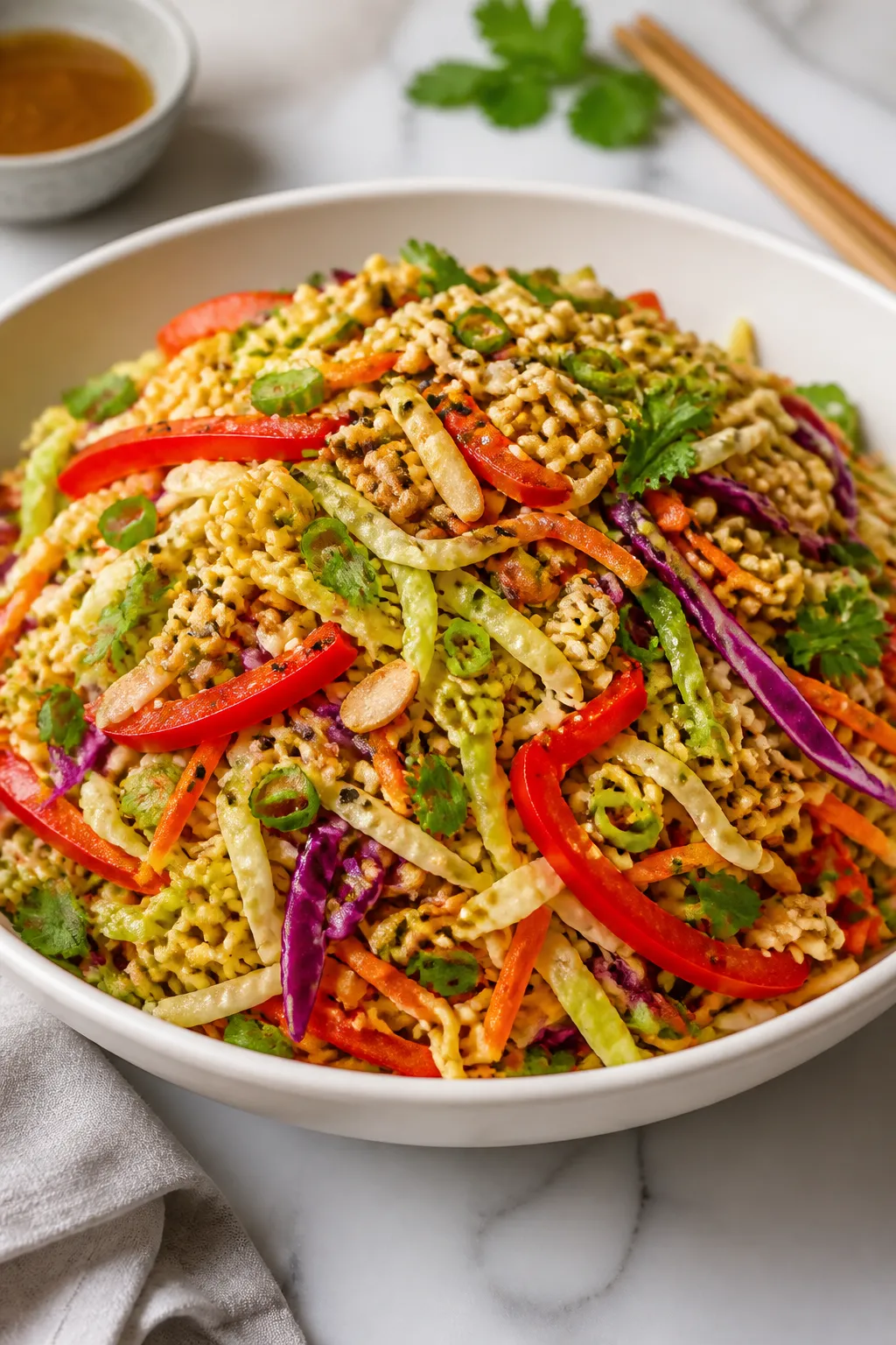 Final plated salad beauty shot: Crispy Ramen Noodle Salad piled high in a low, wide white bowl—shr