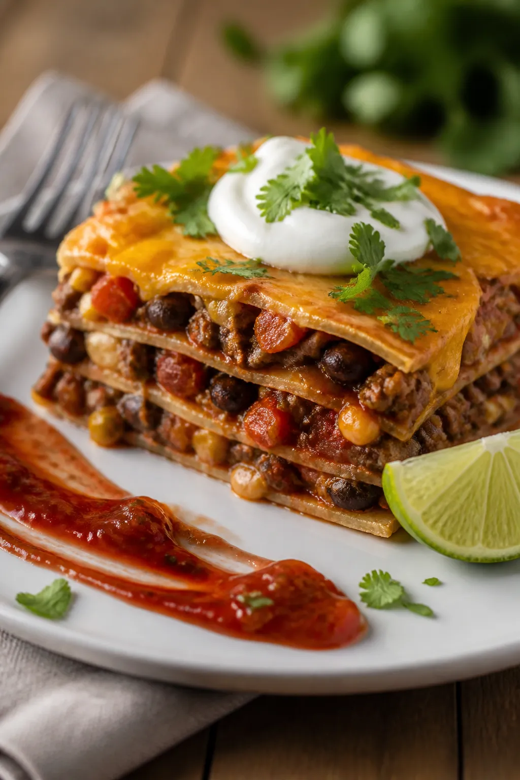 Final plated serving: A neat square slice of Healthy Beef Burrito Casserole on a matte white plate,