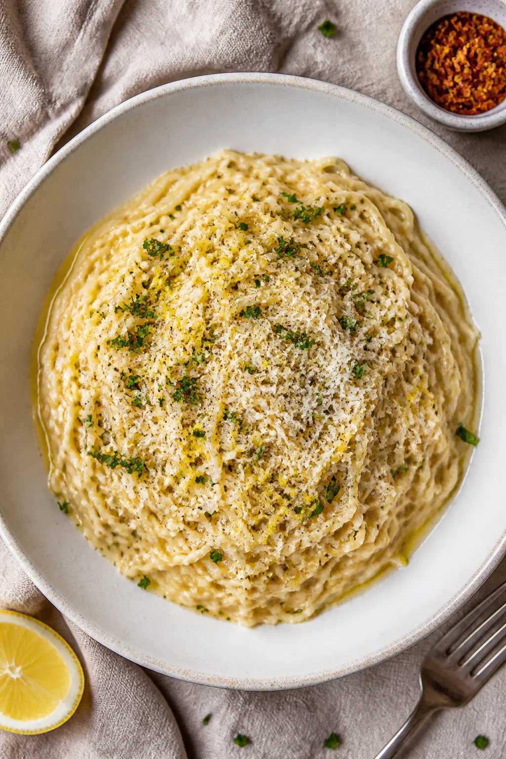 Final plated top view: Cheesy Garlic Parmesan Ramen twirled into a neat nest in a wide, shallow whit