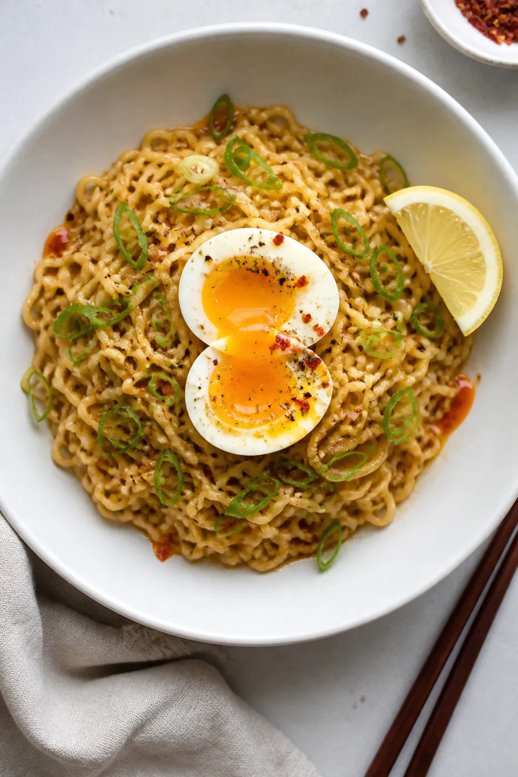 Final plated, top view: Overhead shot of Garlic Butter Ramen Noodles twirled into a neat mound in a 