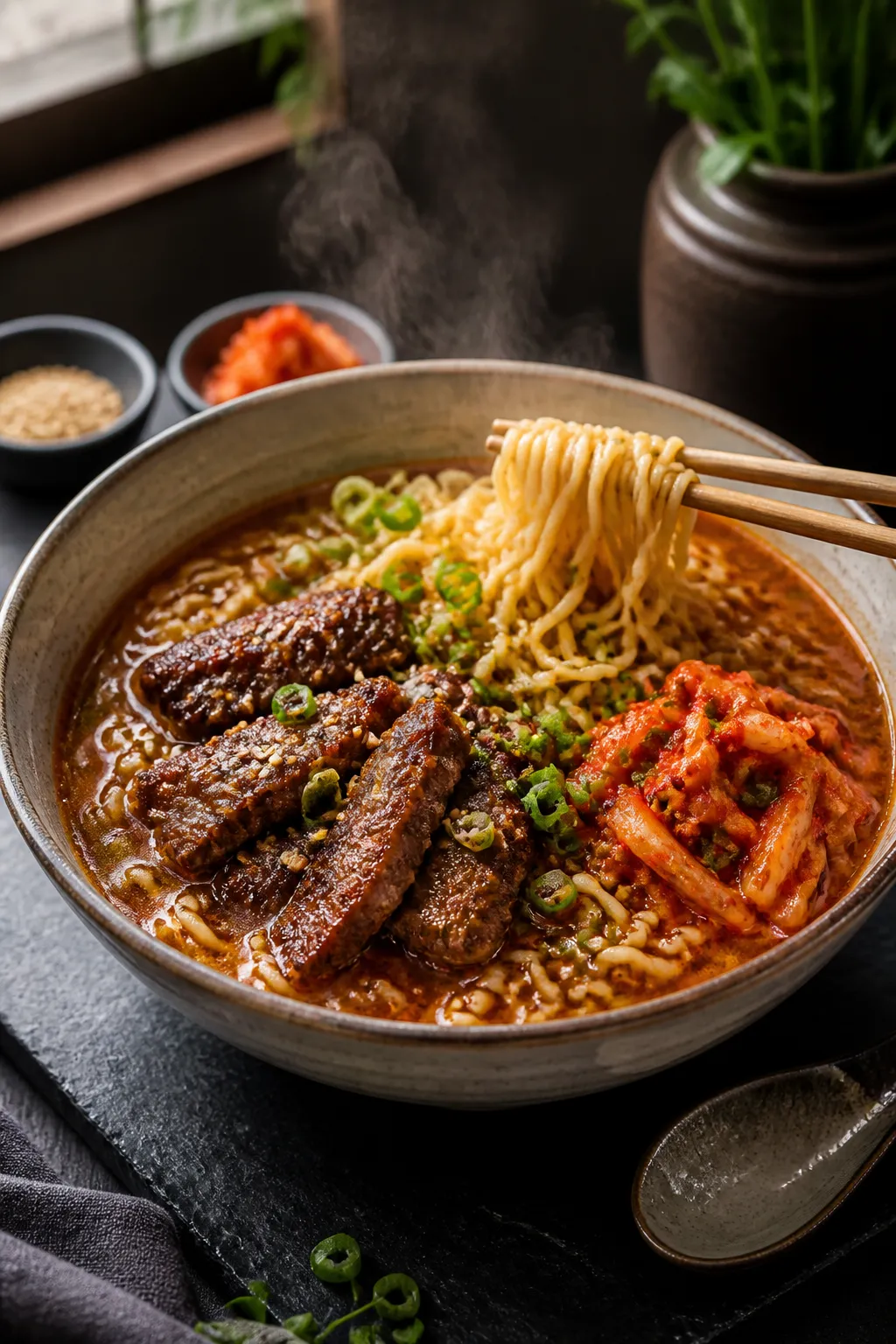 Final presentation beauty: Restaurant-style plated Korean BBQ Beef Ramen captured at a 45-degree ang