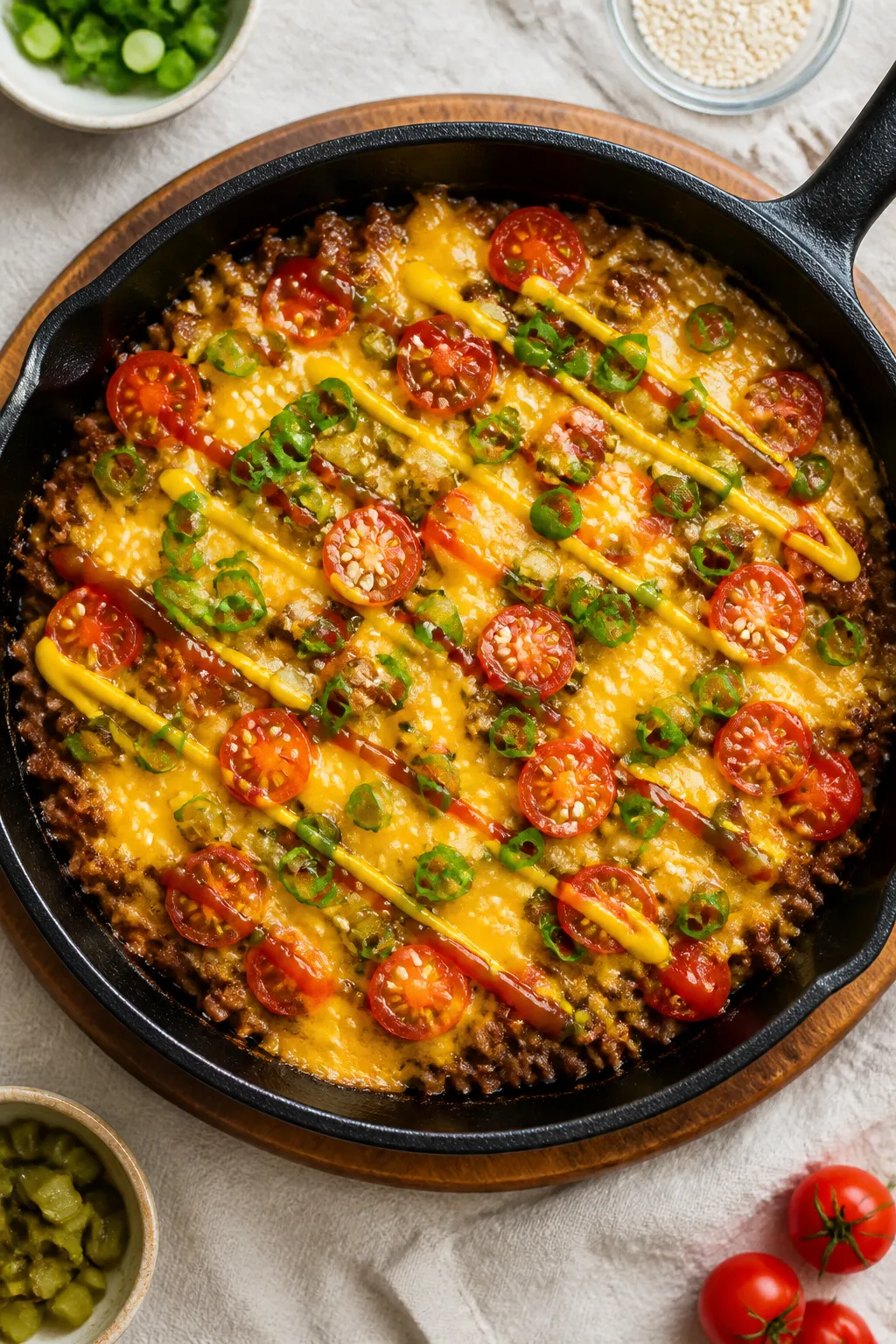 Gooey cheese moment, overhead: Top-down shot of the skillet just after finishing with cheese—an ev