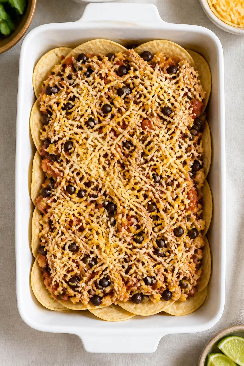 Layering action, overhead: Top-down shot of the casserole mid-assembly in a 9x13 baking dish—first