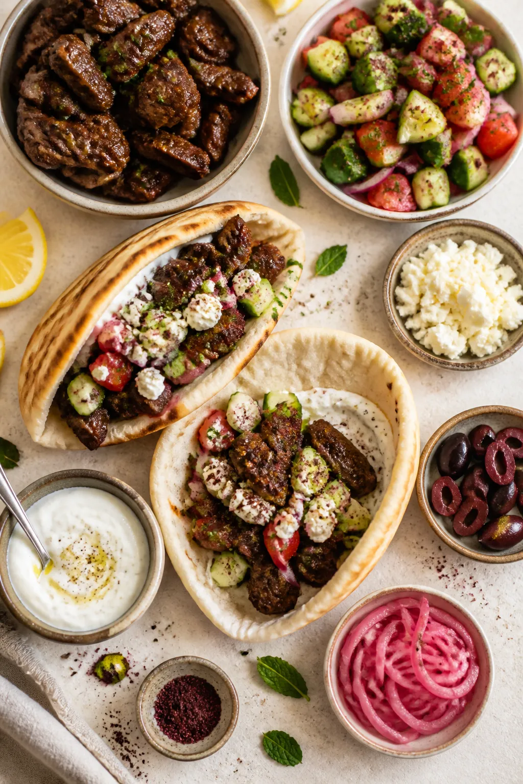 Overhead assembly spread: of a warm pita pocket being filled on a light stone surface—one pita alr