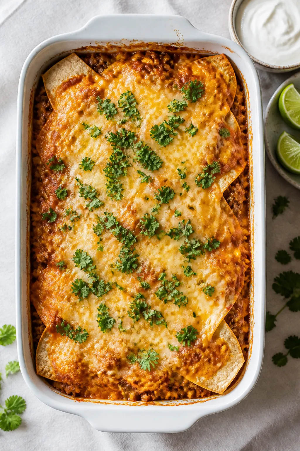 Overhead bake-in-pan: Healthy Beef Burrito Casserole just out of the oven in a 9x13 dish, capturing