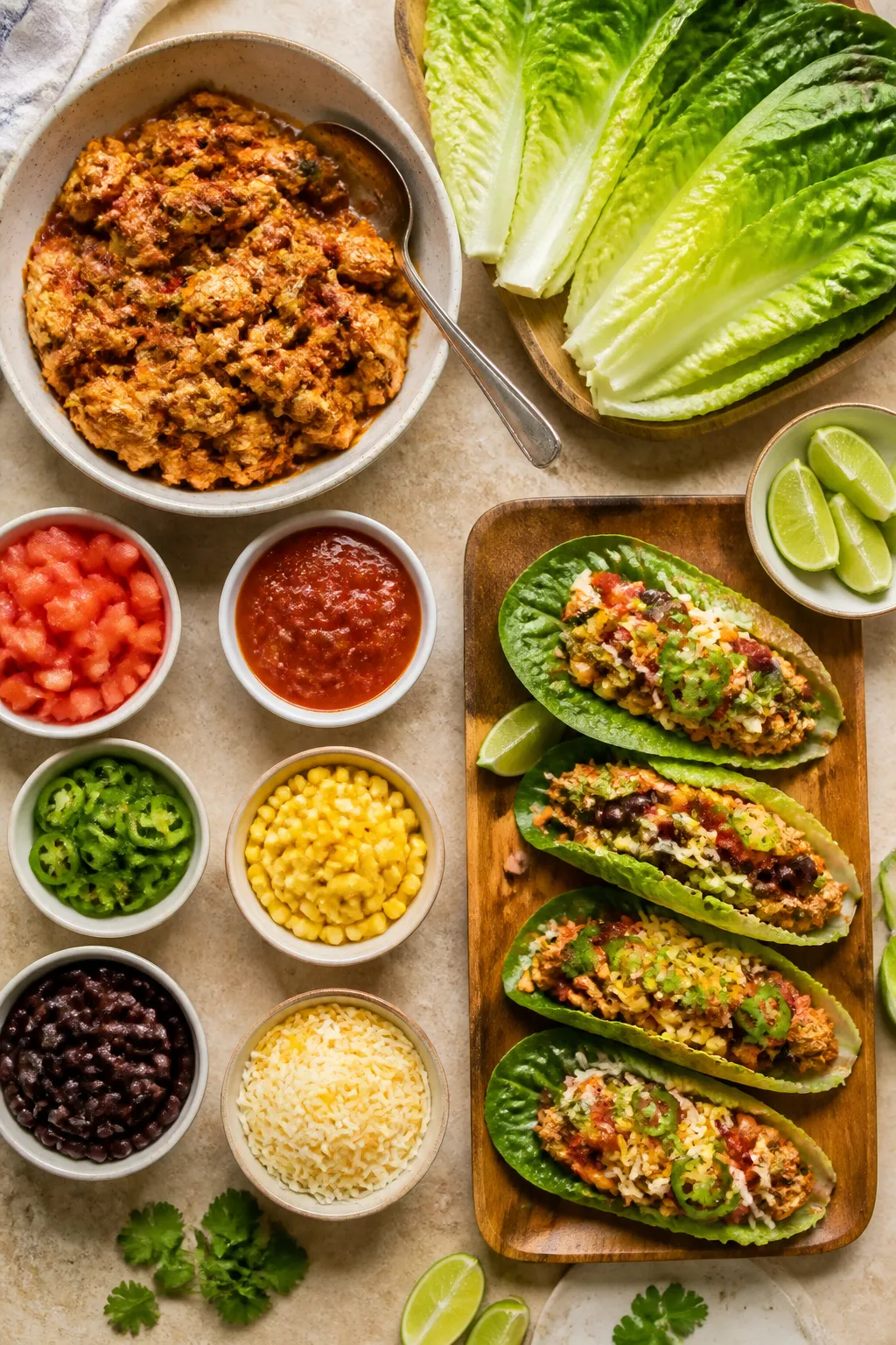 Overhead “build-your-own” spread: Top-down shot of a vibrant taco night setup featuring romaine