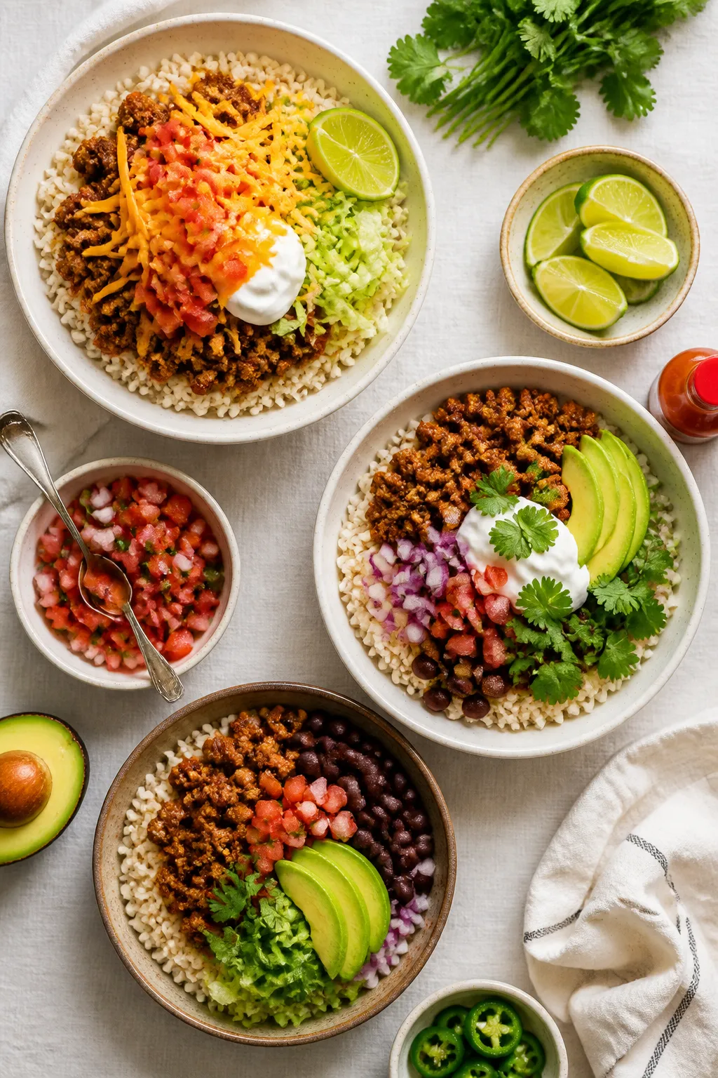 Overhead “build-your-own” top view: Tasty top-down shot of multiple taco rice bowls on a light l