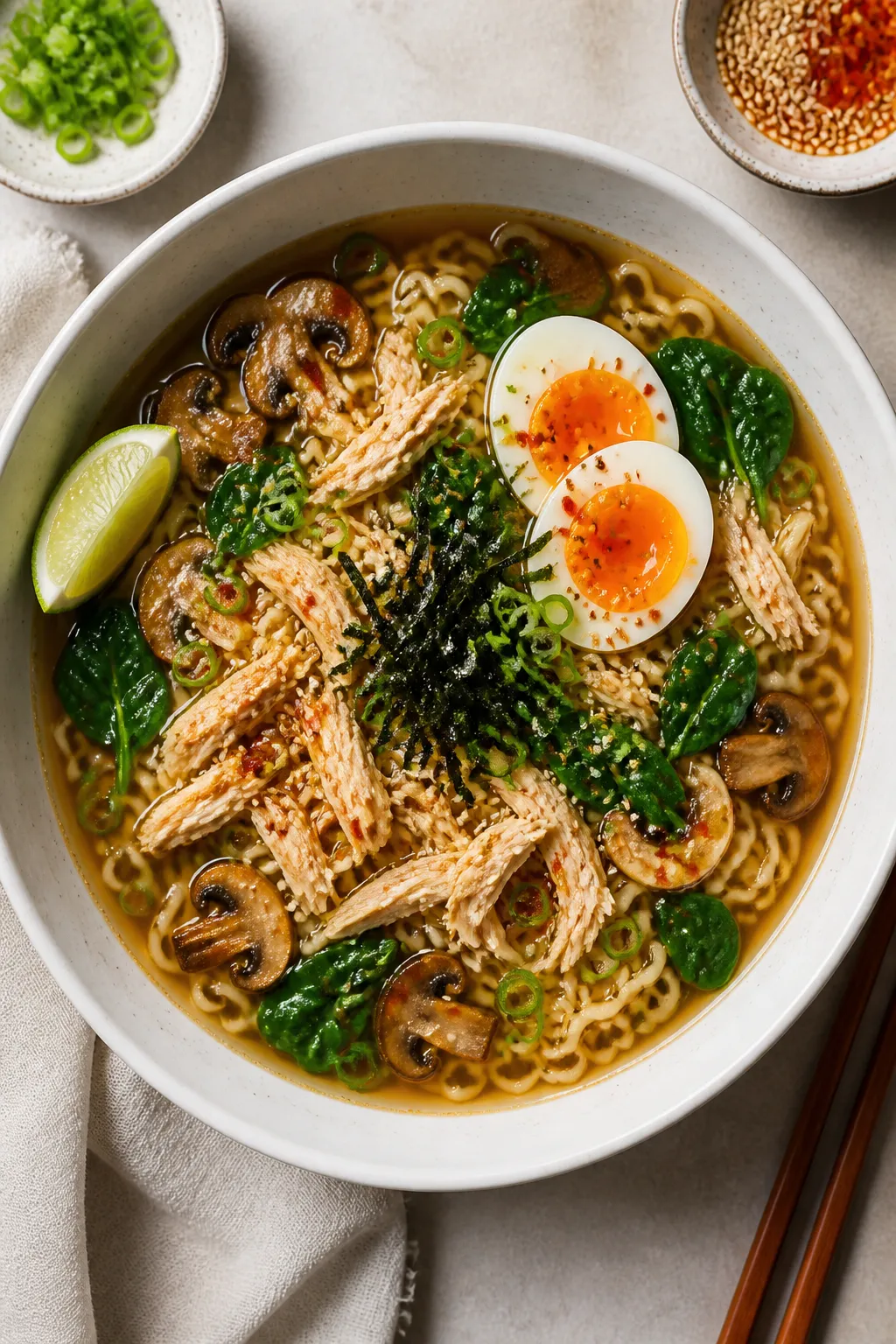 Overhead final presentation of 15-Minute Chicken Ramen Soup in a wide white bowl: tangle of bouncy n