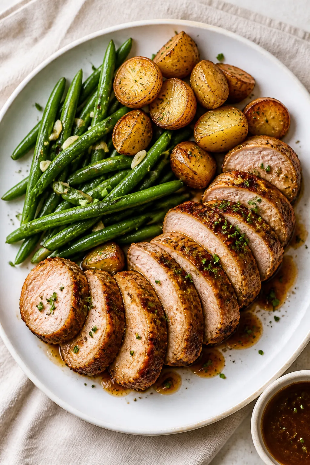 Overhead final presentation: Tasty top-down shot of the finished crack pork tenderloin arranged as 1