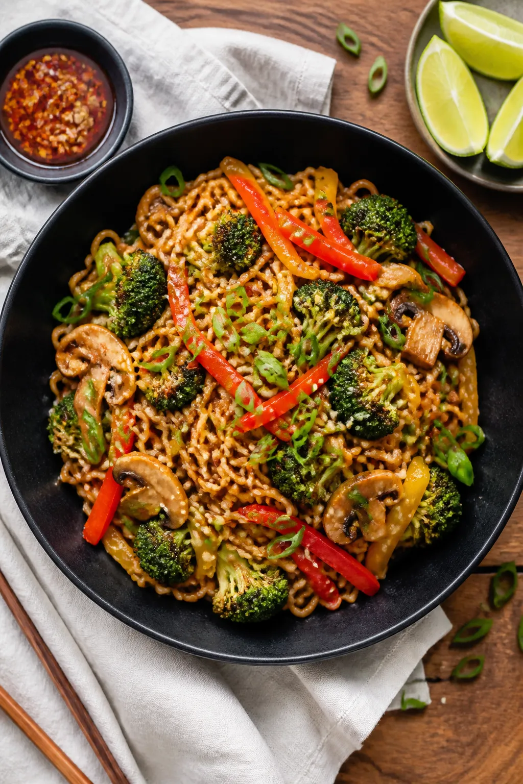 Overhead shot of the finished Easy Ramen Stir Fry plated family-style in a wide, matte-black bowl: c