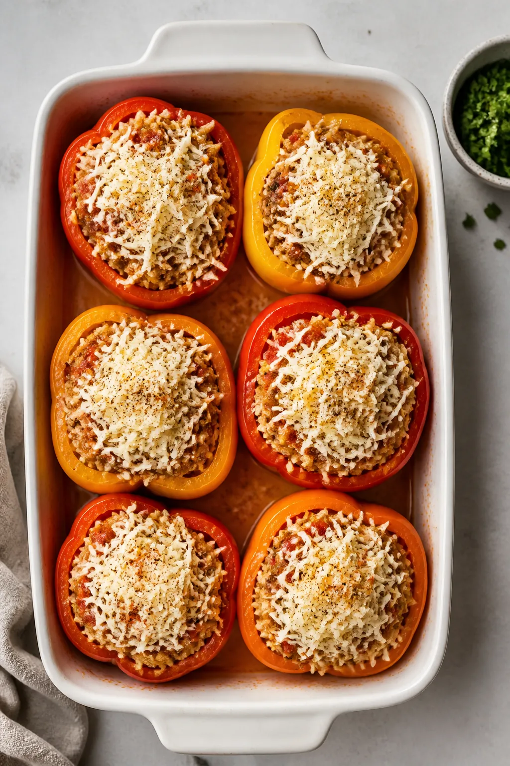Overhead “stuff and bake” moment: Top-down shot of par-baked bell peppers (red, yellow, and oran