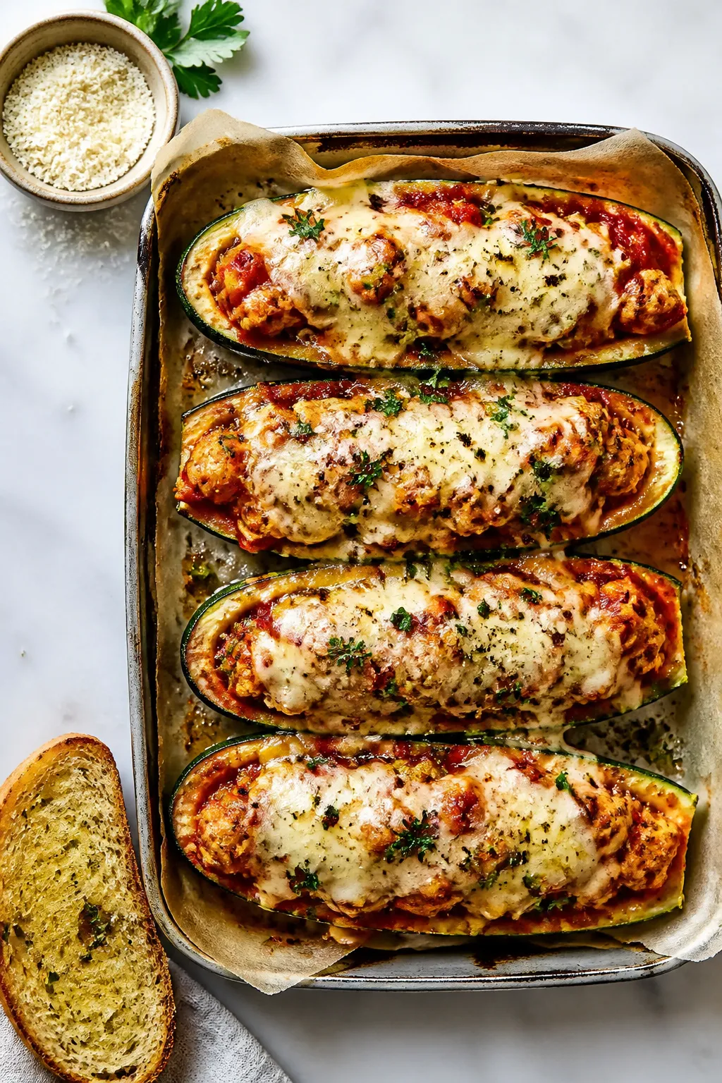 Overhead “tasty top view”: A parchment-lined baking dish filled with neatly arranged zucchini bo