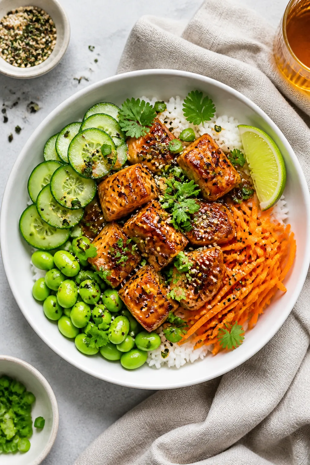 Overhead tasty top view: Assembled Honey Garlic Salmon Rice Bowl on matte white bowl—fluffy jasmin