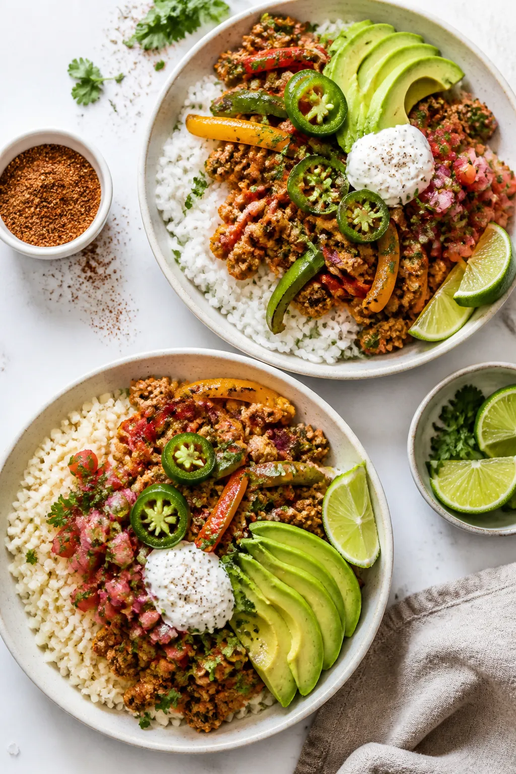 Overhead “tasty top view” assembly: Vibrant ground chicken fajita bowls arranged on a matte whit