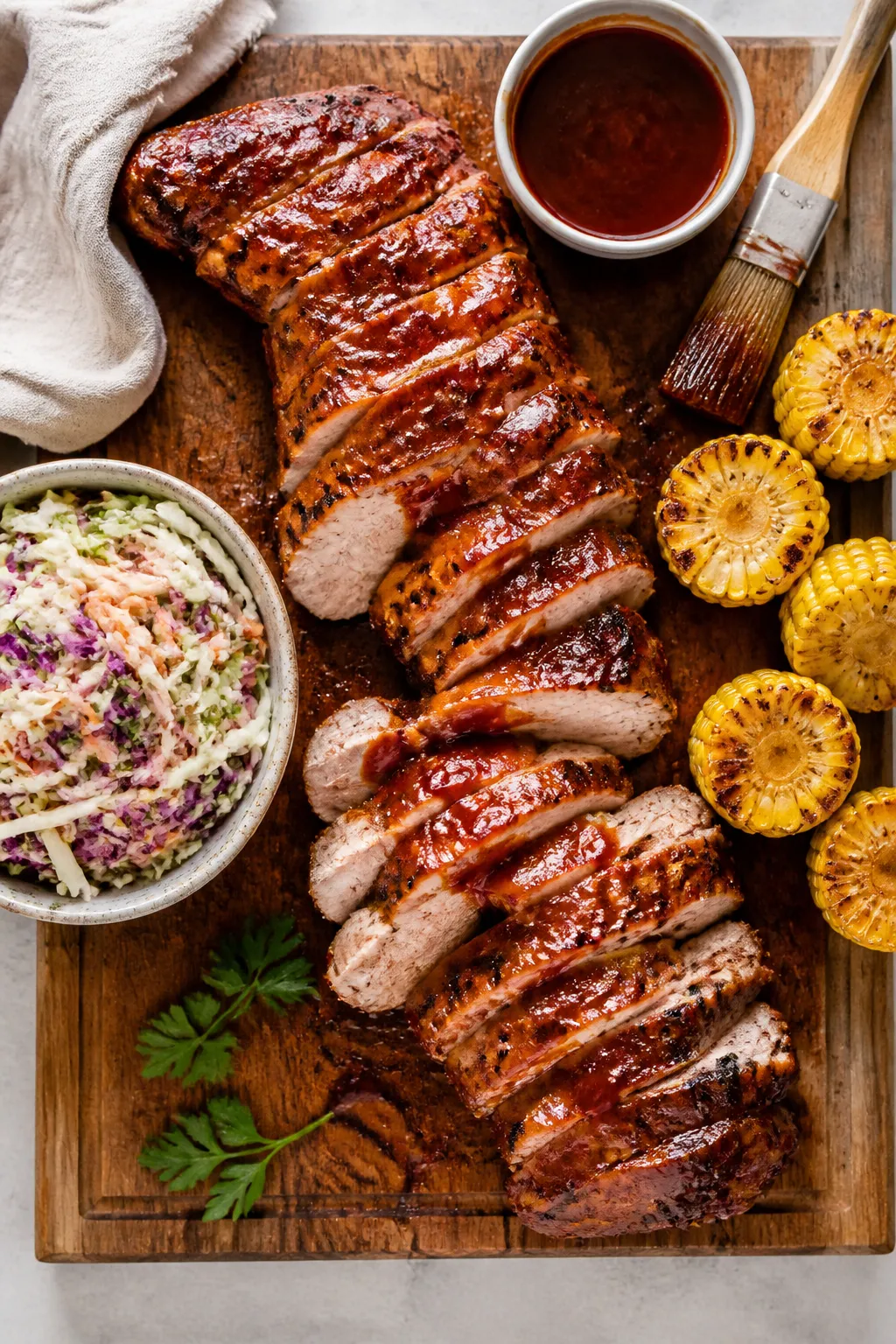 Overhead “tasty top view” family-style: Top-down shot of a wooden board piled with glossy BBQ po