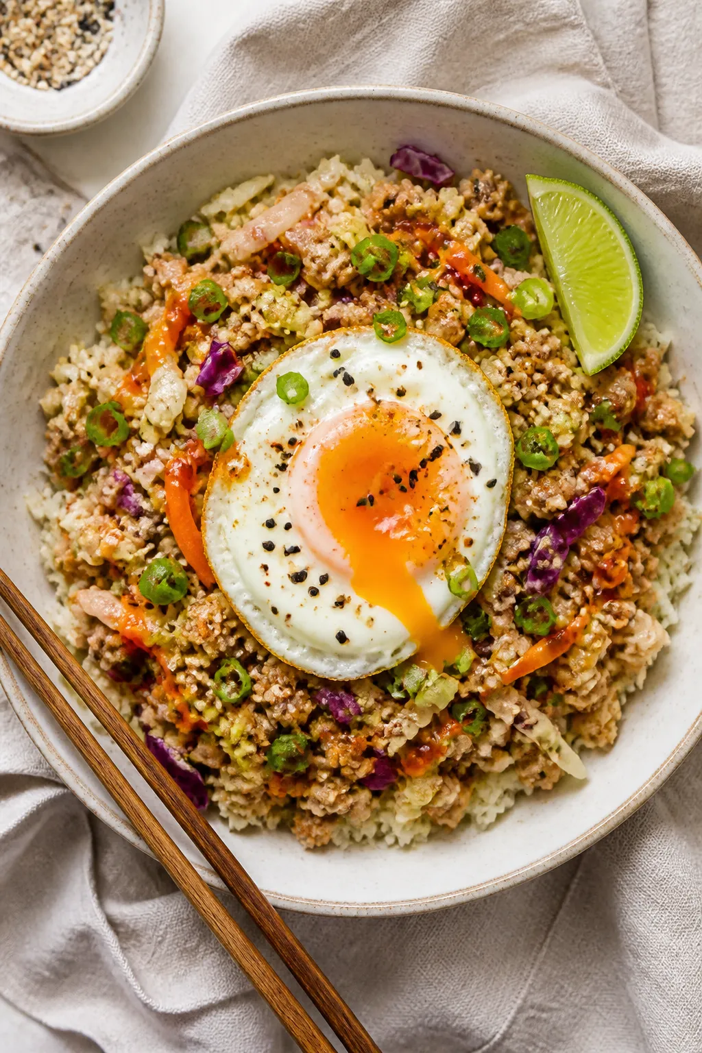 Overhead tasty top view: Final Low Carb Ground Chicken Crack Slaw served in a wide, shallow ceramic 