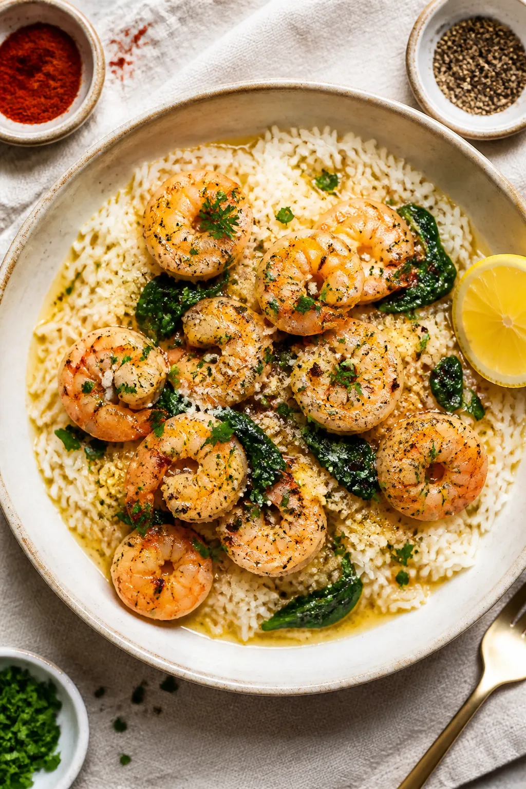 Overhead tasty top view: Garlic Butter Shrimp and Rice served in wide shallow bowls—fluffy jasmine