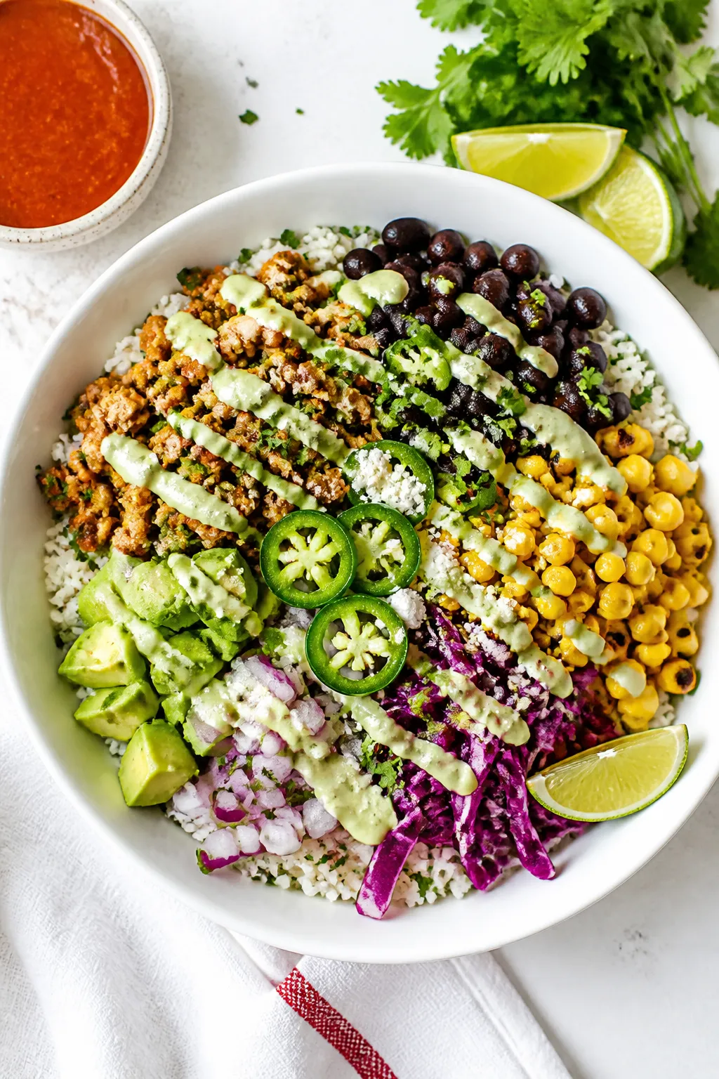 Overhead tasty top view: Ground Chicken Street Taco Bowls assembled over cilantro-lime rice, showing