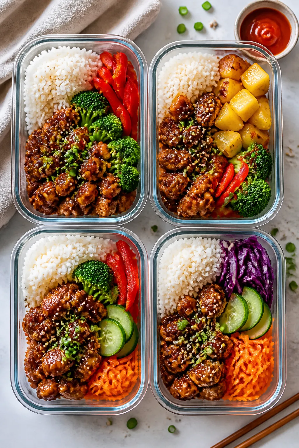Overhead tasty top view, meal-prep vibe: Top-down shot of multiple neatly assembled teriyaki rice bo