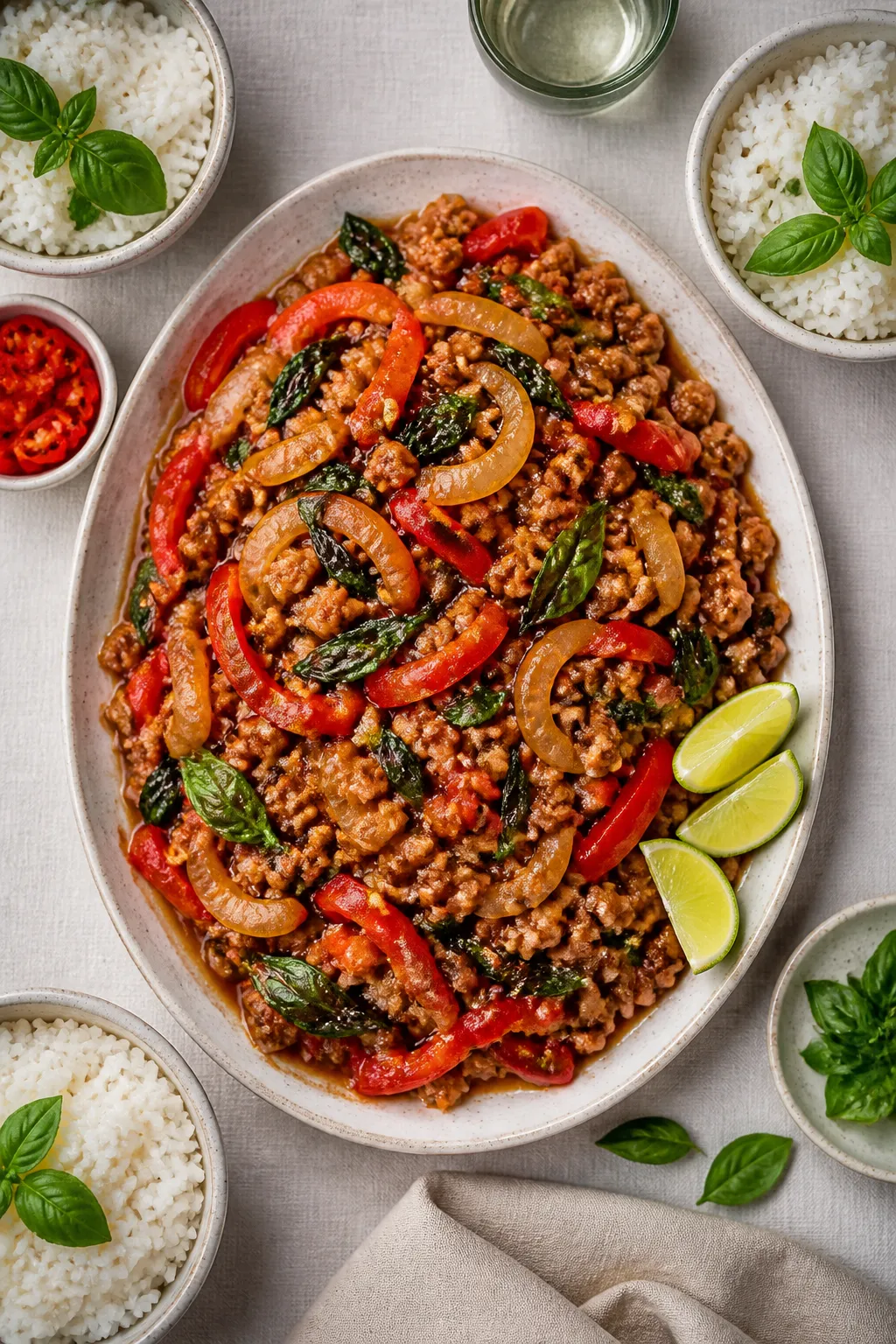 Overhead tasty top view, meal-prep vibe: Top-down shot of a generous family-style platter of Ground 