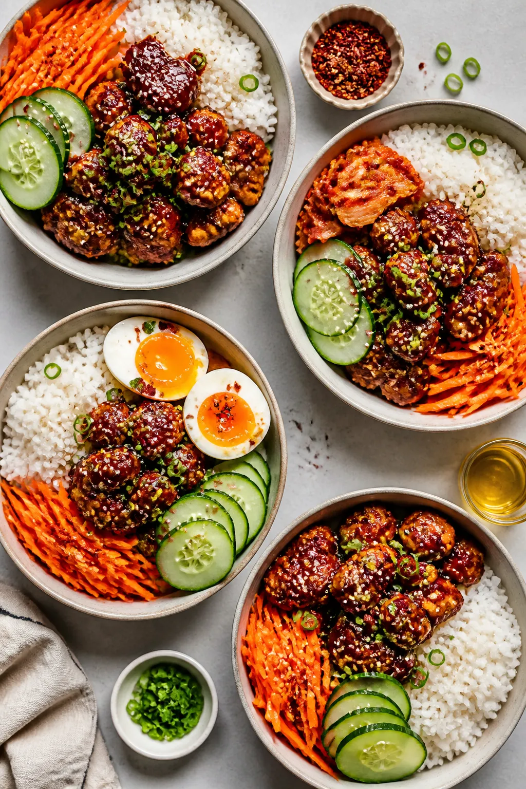 Overhead “tasty top view”: Multiple meal-prep style bowls arranged on a tabletop, each showing a