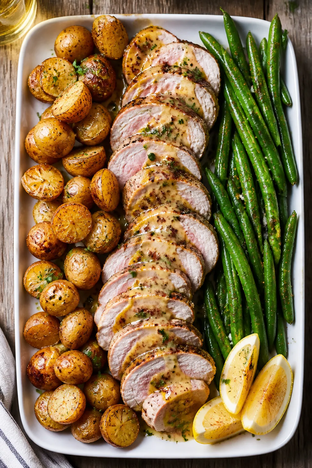 Overhead “tasty top view” of a sheet-pan style final plate: pork tenderloin medallions fanned ou