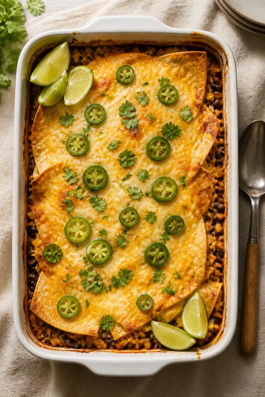 Overhead “tasty top view” of layered casserole just out of the oven: 9x13 baking dish with three